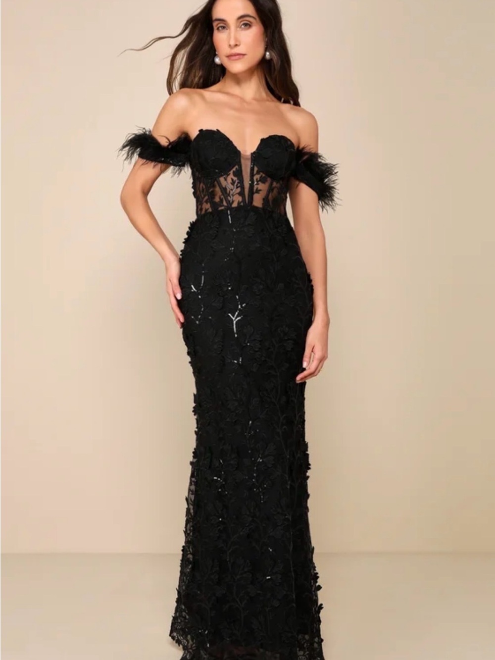 Lulu's Black Strapless Feather-Trim Lace Evening Gown